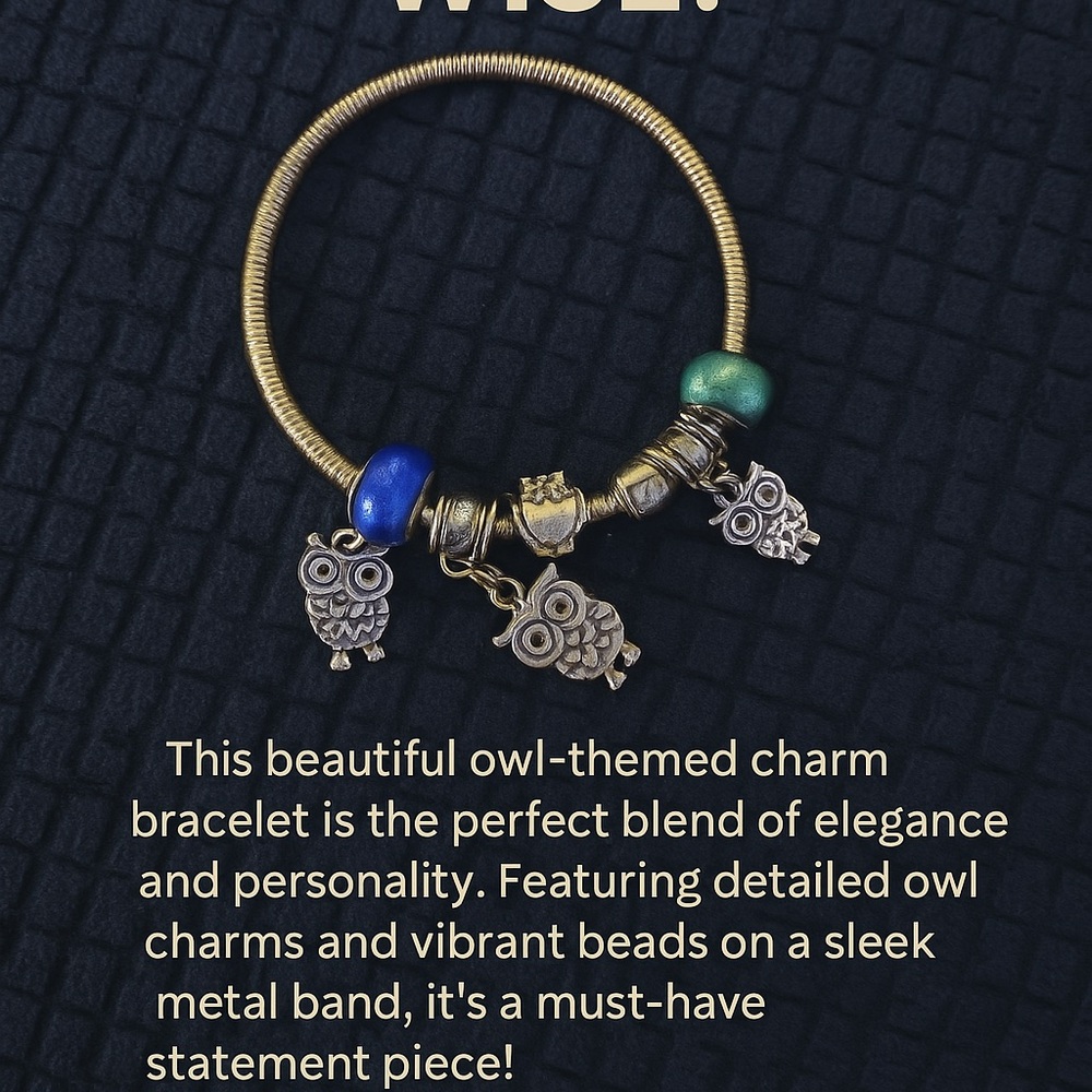 Owl Charm Bracelet with Blue and Gold Accents